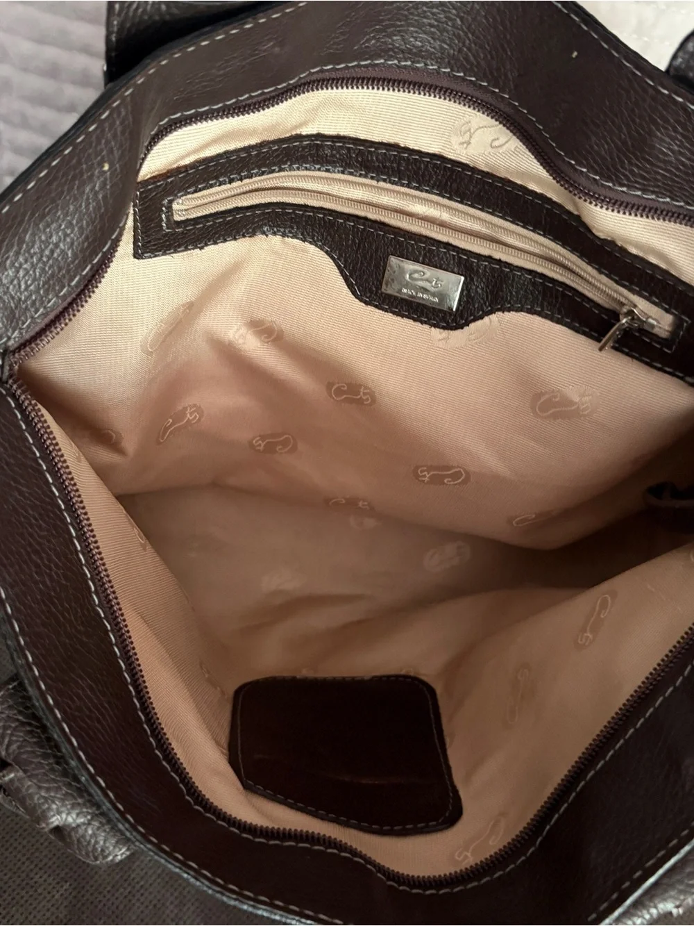 Classic Dark Brown Leather Tote Bag with Silver Hardware